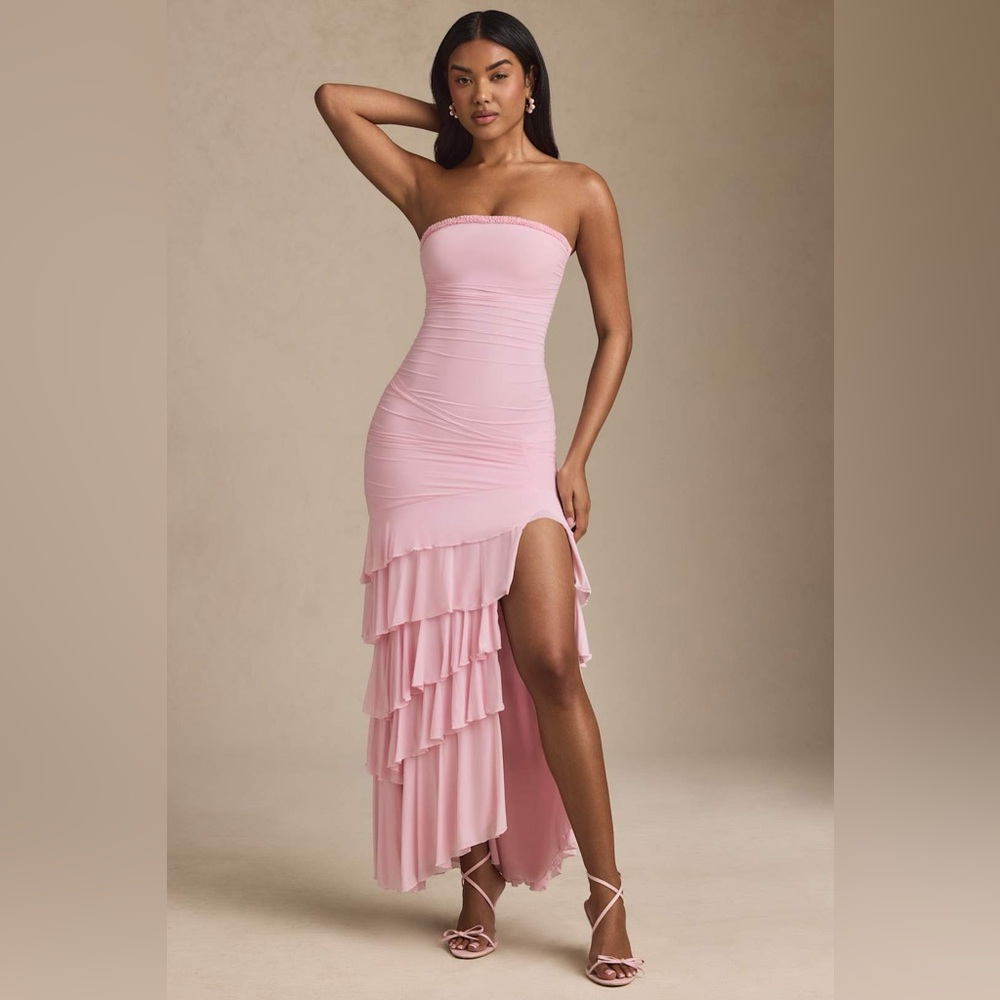 Oh Polly Hayami Bandeau Ruched Ruffle-Trim Maxi Dress in Blush - Size 2 - Picture 4 of 16